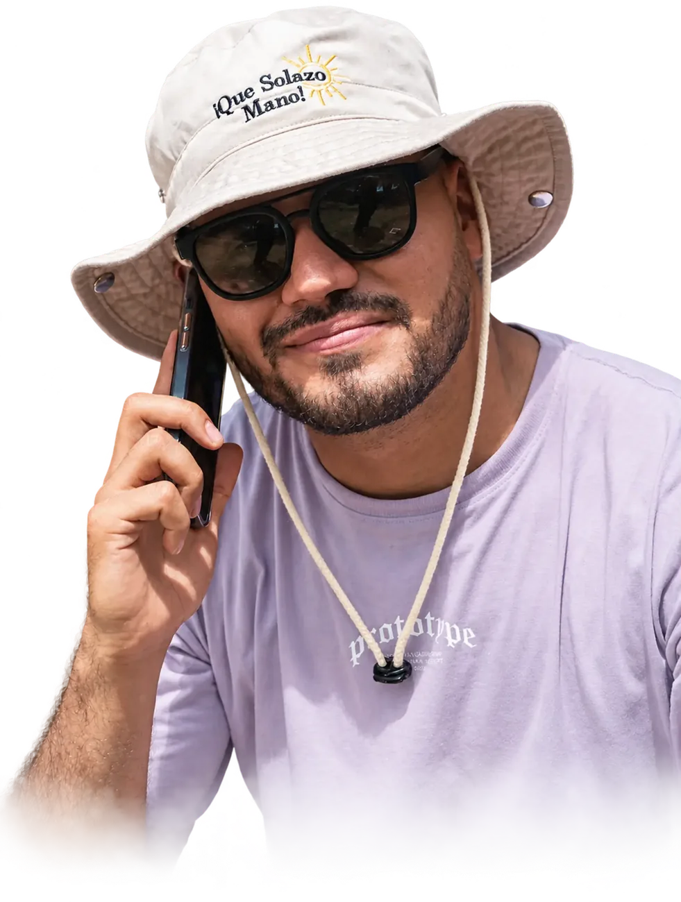 Creador con el sombrero Que solazo Mano hablando por teléfono